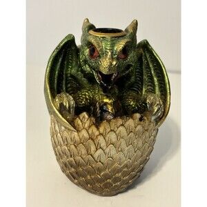 Green Baby Dragon Gold Egg Mini Backflow Cone Incense Burner 4.25" H Resin